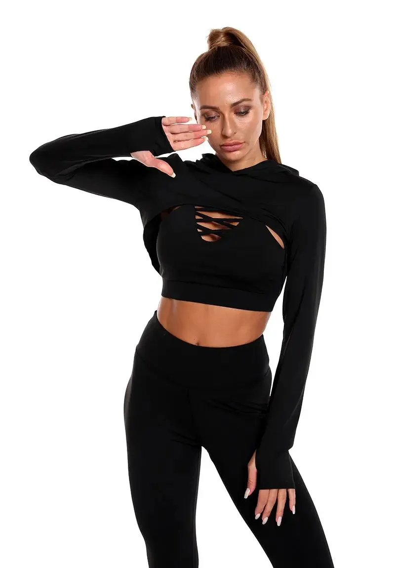 3 pcs Sports Suits Long Sleeve Hooded Top Hollow Design Camisole And Butt Lifting High Waist Seamless Fitness Leggings Sports Gym Outfits Clothing