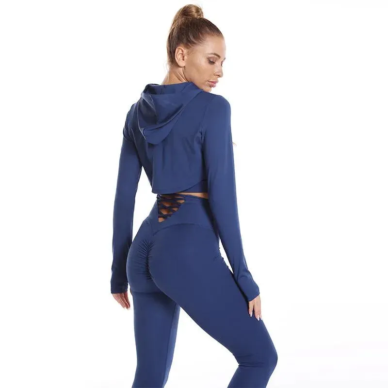 3 pcs Sports Suits Long Sleeve Hooded Top Hollow Design Camisole And Butt Lifting High Waist Seamless Fitness Leggings Sports Gym Outfits Clothing