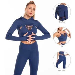 3 pcs Sports Suits Long Sleeve Hooded Top Hollow Design Camisole And Butt Lifting High Waist Seamless Fitness Leggings Sports Gym Outfits Clothing