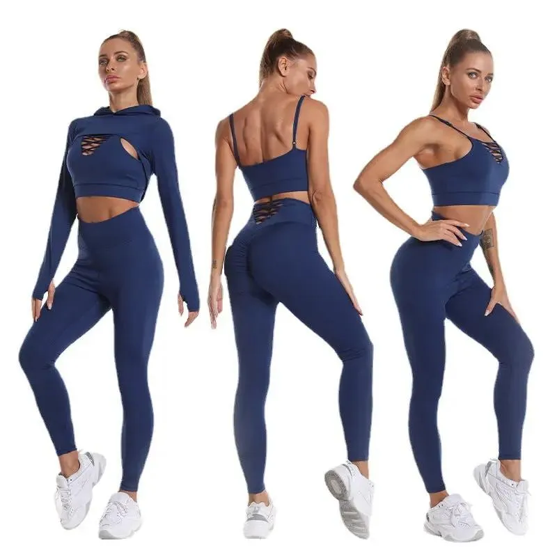 3 pcs Sports Suits Long Sleeve Hooded Top Hollow Design Camisole And Butt Lifting High Waist Seamless Fitness Leggings Sports Gym Outfits Clothing