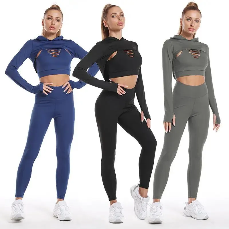 3 pcs Sports Suits Long Sleeve Hooded Top Hollow Design Camisole And Butt Lifting High Waist Seamless Fitness Leggings Sports Gym Outfits Clothing