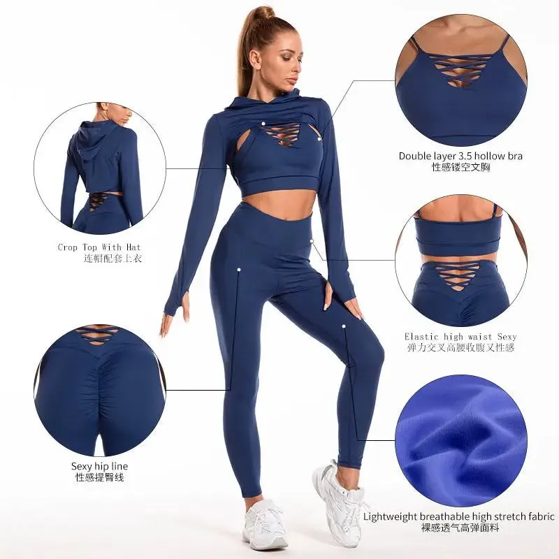 3 pcs Sports Suits Long Sleeve Hooded Top Hollow Design Camisole And Butt Lifting High Waist Seamless Fitness Leggings Sports Gym Outfits Clothing