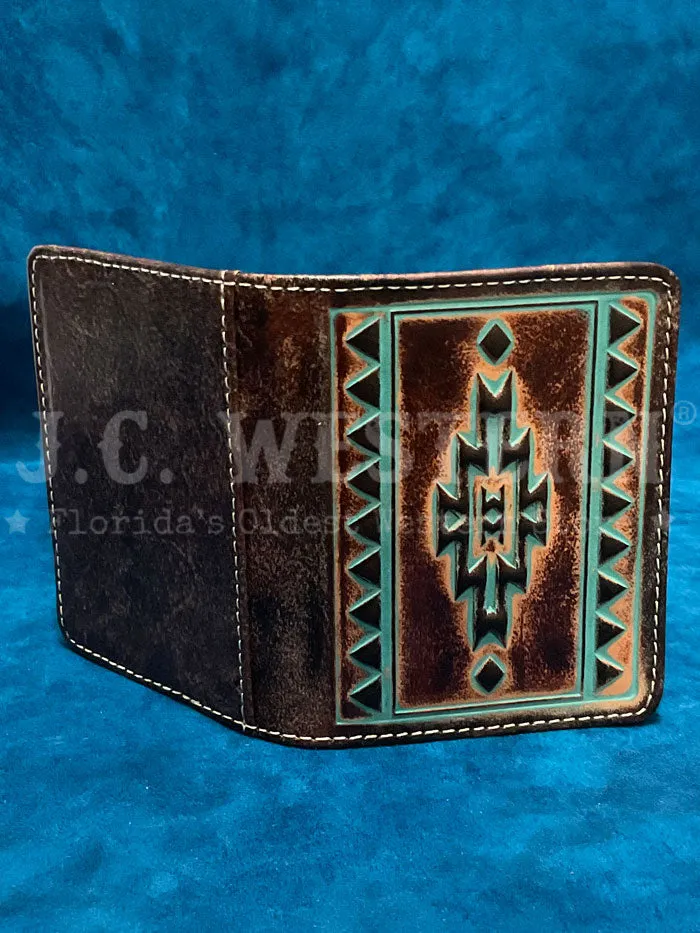 Ariat A3560102 Mens Bifold Flip Style Southwestern Wallet Brown And Turquoise
