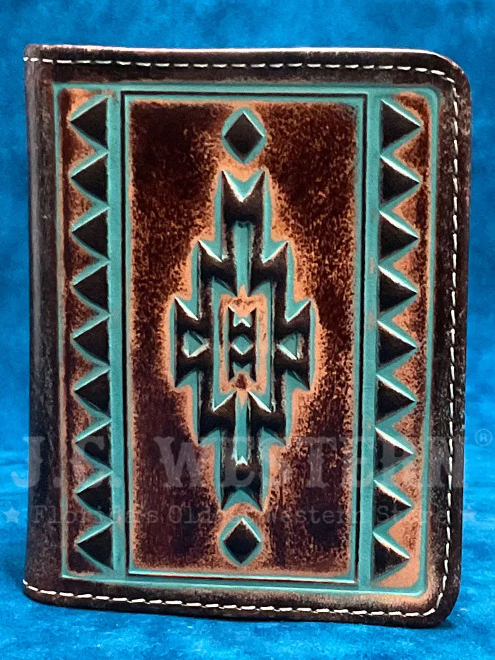 Ariat A3560102 Mens Bifold Flip Style Southwestern Wallet Brown And Turquoise