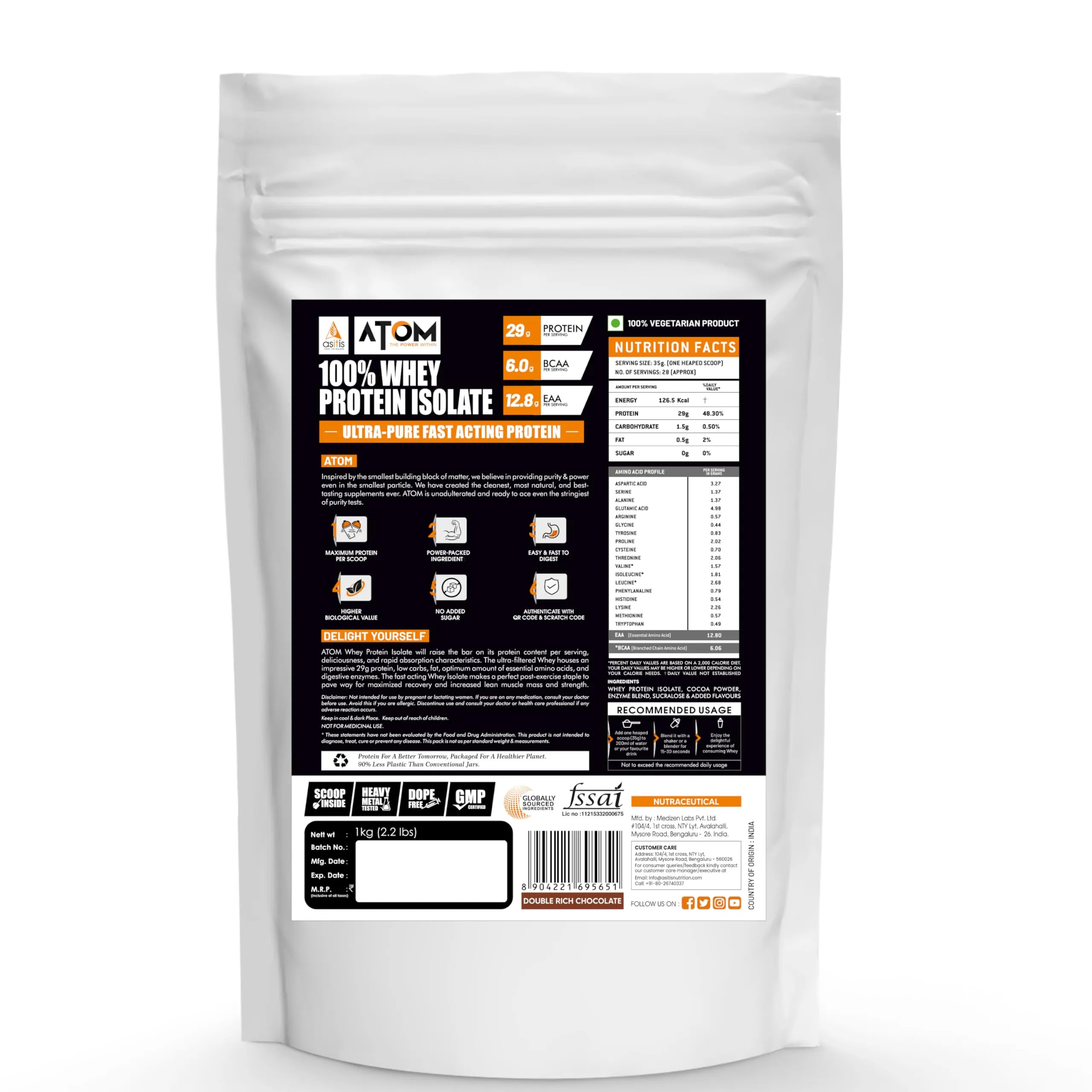 AS-IT-IS ATOM Whey Protein Isolate 1kg | 30g protein, 6.1g BCAA & 13g EAA | Ultra Pure-Fast Acting Protein | Double Rich Chocolate Flavor