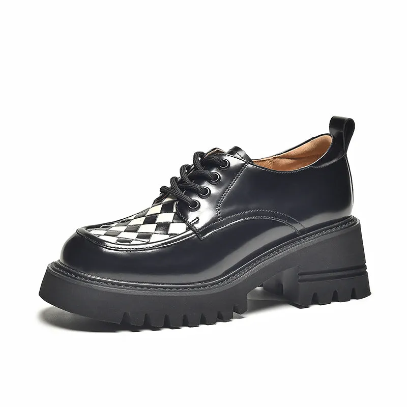 BeauToday Women's Checkerboard Square Toe Platform Oxford Shoes with Lug Sole