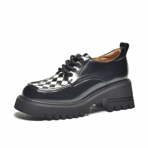BeauToday Women's Checkerboard Square Toe Platform Oxford Shoes with Lug Sole