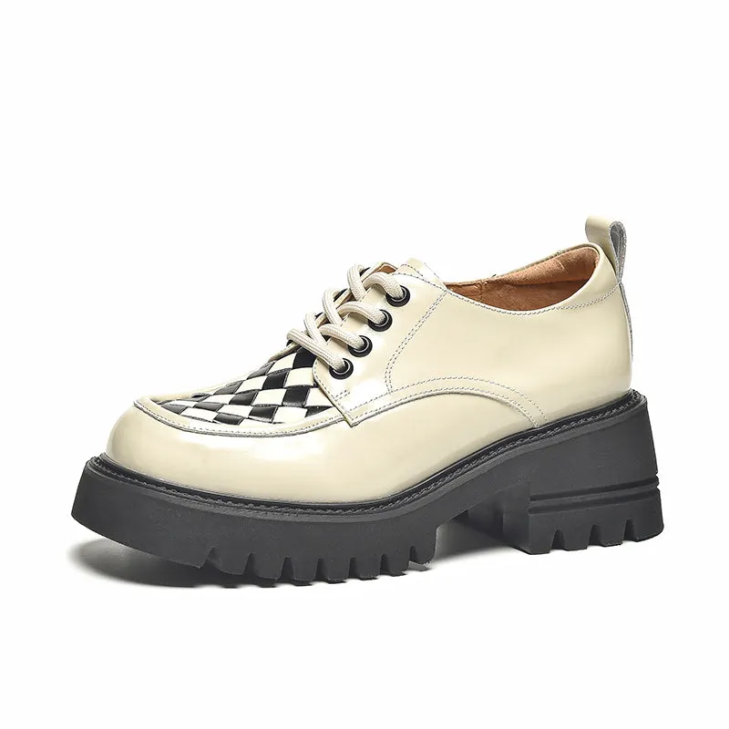 BeauToday Women's Checkerboard Square Toe Platform Oxford Shoes with Lug Sole