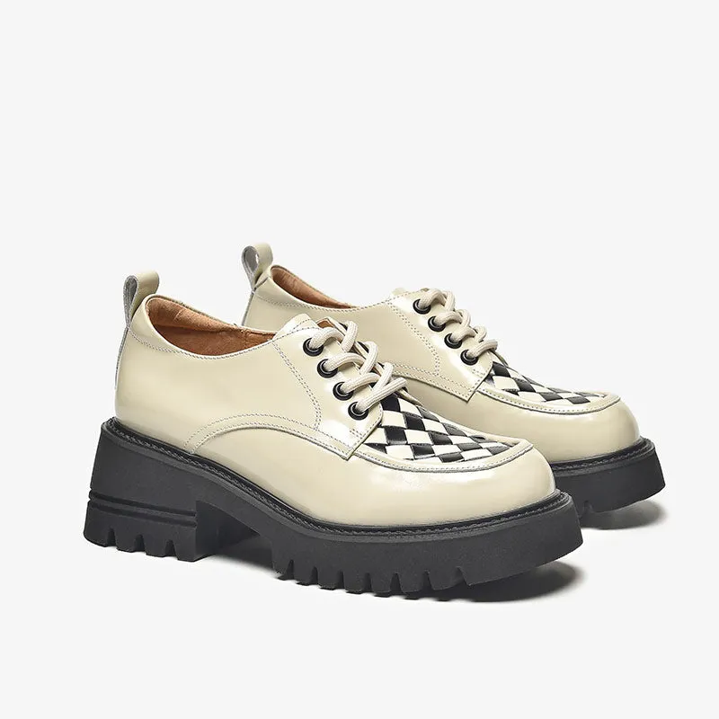 BeauToday Women's Checkerboard Square Toe Platform Oxford Shoes with Lug Sole