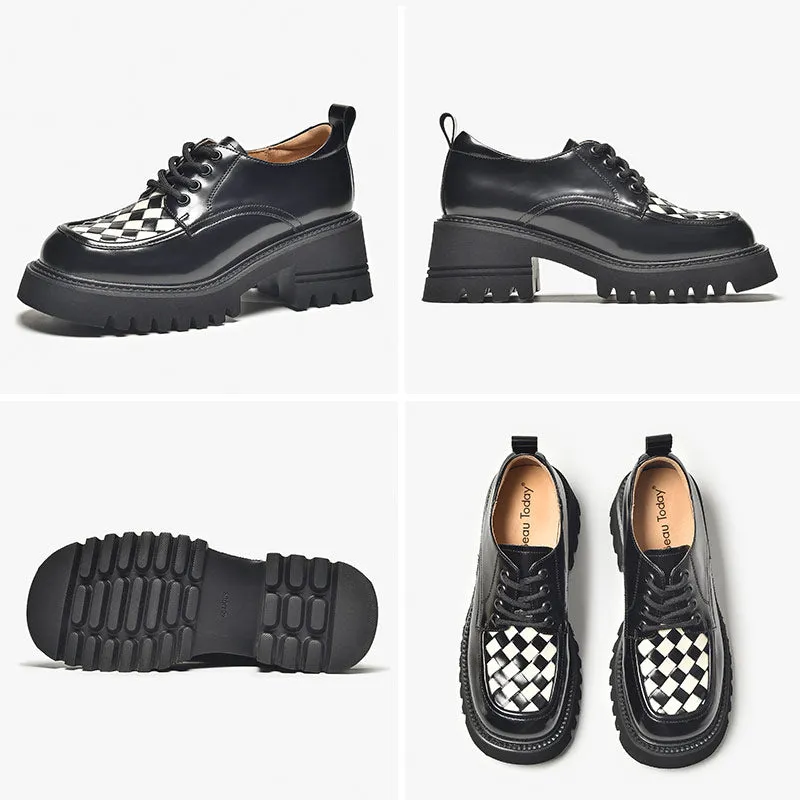 BeauToday Women's Checkerboard Square Toe Platform Oxford Shoes with Lug Sole