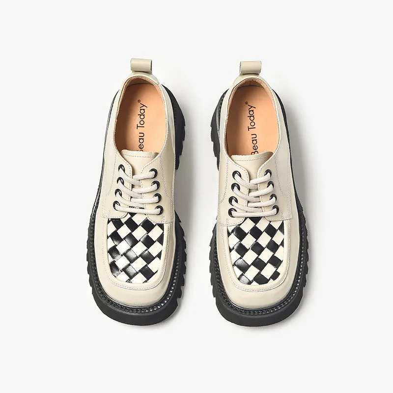 BeauToday Women's Checkerboard Square Toe Platform Oxford Shoes with Lug Sole