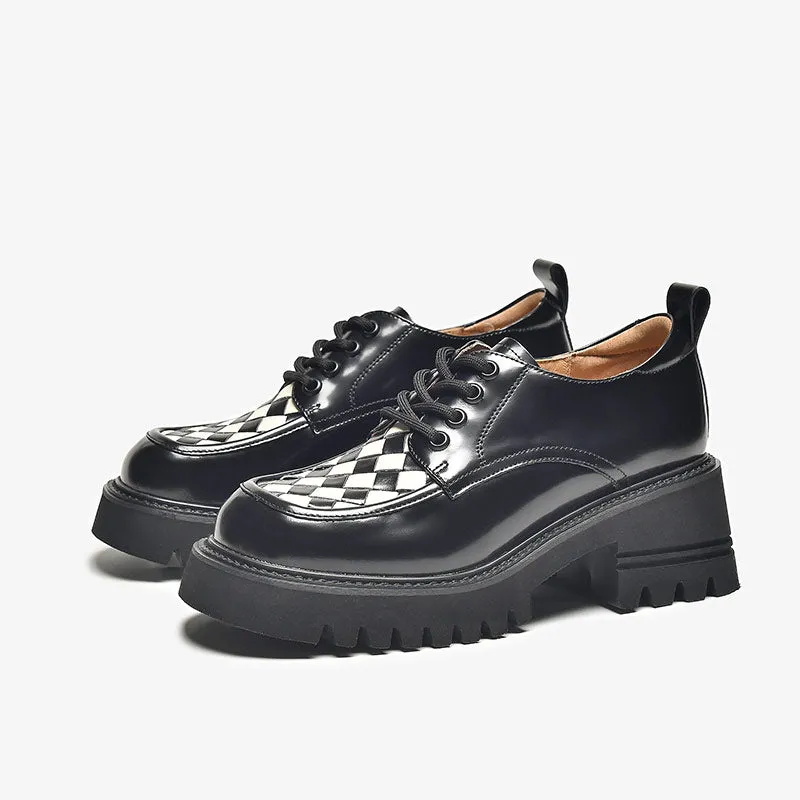 BeauToday Women's Checkerboard Square Toe Platform Oxford Shoes with Lug Sole