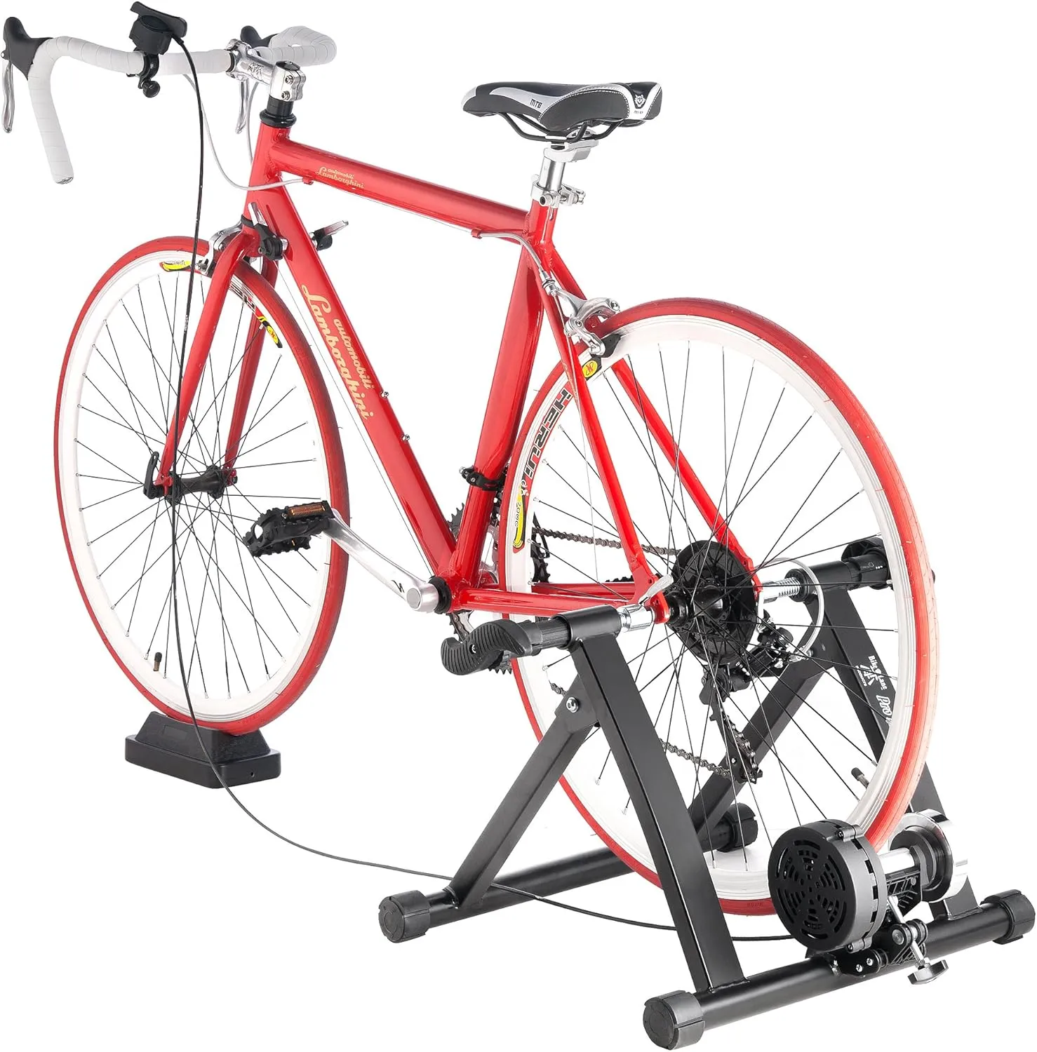 Bike Lane Exercise Bike Trainer - Indoor Bicycle Training Stand With Quiet 5-Level Magnetic Resistance and Front Wheel Riser Block By Black 15.75" x 18.5" x 21.5"