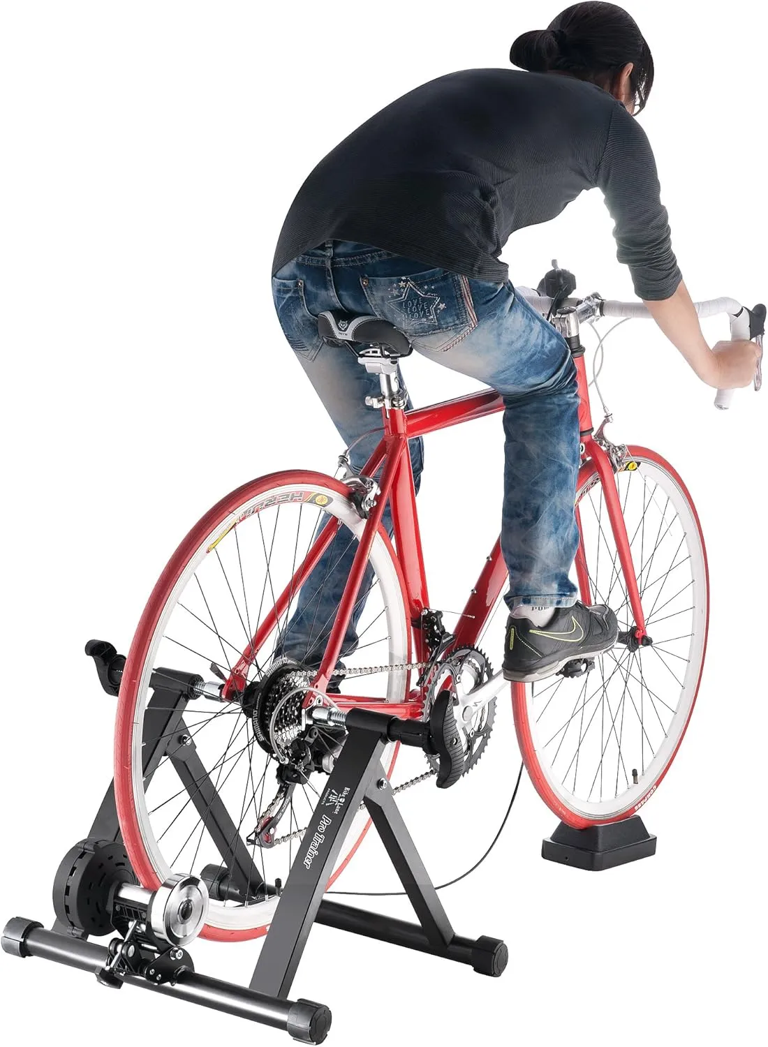Bike Lane Exercise Bike Trainer - Indoor Bicycle Training Stand With Quiet 5-Level Magnetic Resistance and Front Wheel Riser Block By Black 15.75" x 18.5" x 21.5"