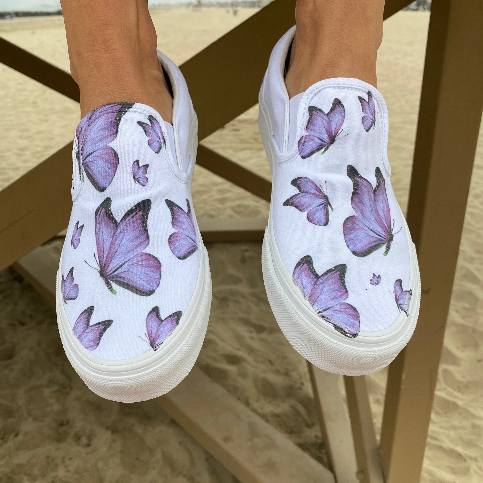 Kids Shoes - Purple Butterfly - White Slip Ons