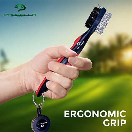 Procella Golf Club Brush - Must-Have Golf Tool for Cleaning Dirty Clubs - Golf Club Cleaner for Irons & Woods - Golf Brush and Groove Cleaner with Carabiner - Nylon & Wire Golf Club Cleaning Brush