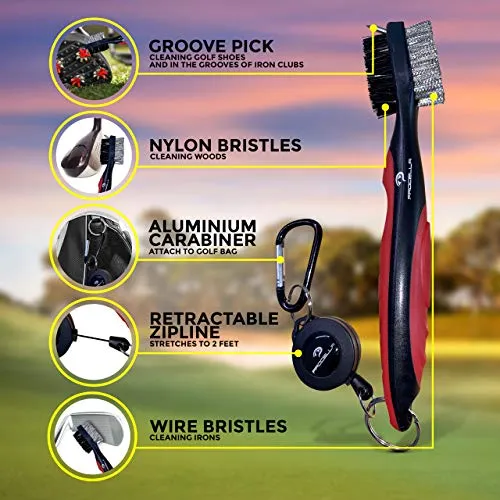 Procella Golf Club Brush - Must-Have Golf Tool for Cleaning Dirty Clubs - Golf Club Cleaner for Irons & Woods - Golf Brush and Groove Cleaner with Carabiner - Nylon & Wire Golf Club Cleaning Brush
