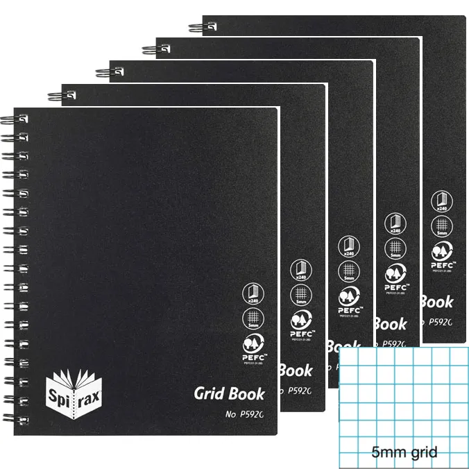 Spirax P592G Grid Book 5mm 240 Page 222x178mm Black 5 Pack