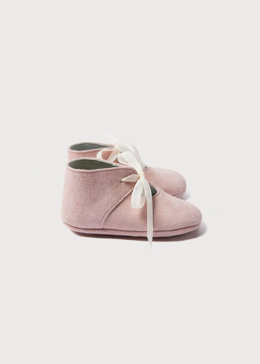 Suede Organza Fastening Pram Shoes in Dusty Pink (17-20EU)