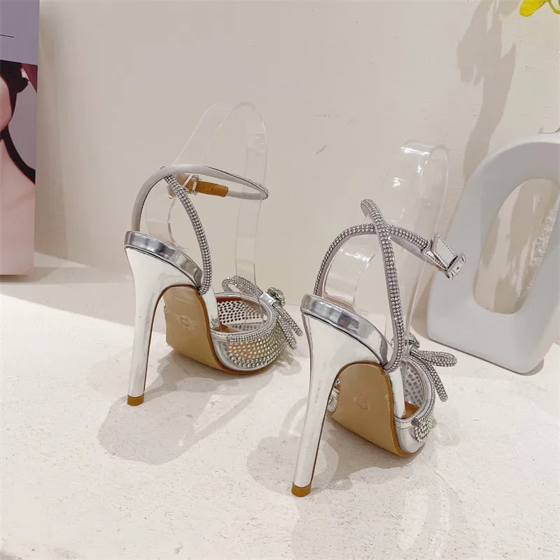 Transparent PVC Rhinestone Pumps Silver Pointed Toe Bowknot Sandals High Heels Crystal Shoes