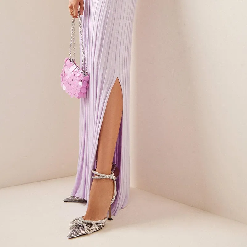 Transparent PVC Rhinestone Pumps Silver Pointed Toe Bowknot Sandals High Heels Crystal Shoes