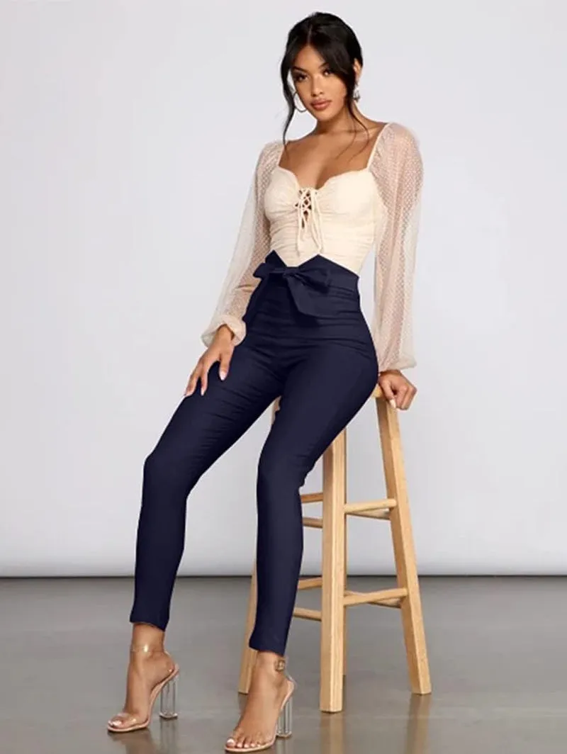 Women'S Casual High Waist Stretch Trousers Solid Pencil Pants with Tie