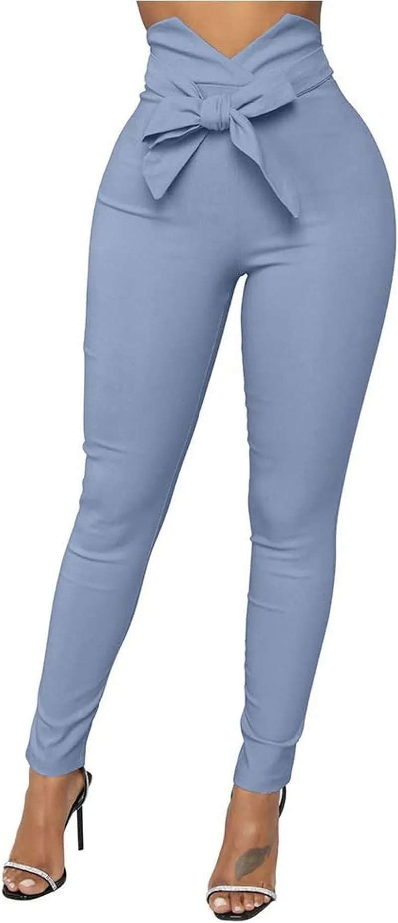 Women'S Casual High Waist Stretch Trousers Solid Pencil Pants with Tie