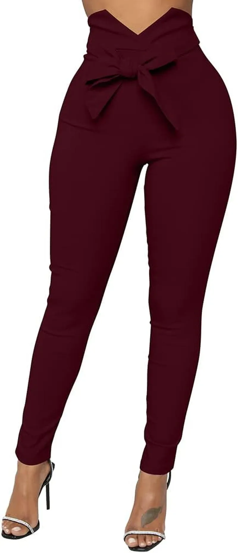 Women'S Casual High Waist Stretch Trousers Solid Pencil Pants with Tie