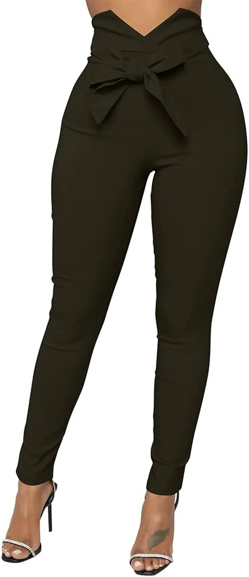 Women'S Casual High Waist Stretch Trousers Solid Pencil Pants with Tie