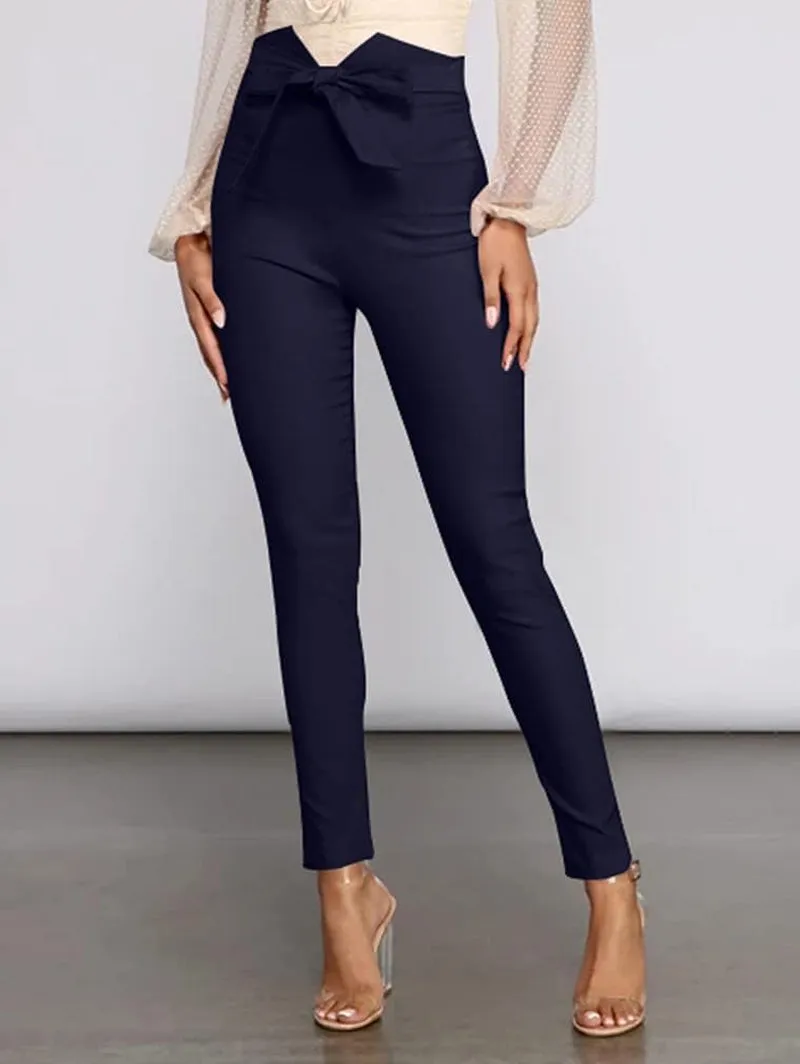Women'S Casual High Waist Stretch Trousers Solid Pencil Pants with Tie