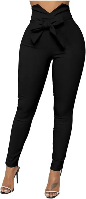 Women'S Casual High Waist Stretch Trousers Solid Pencil Pants with Tie