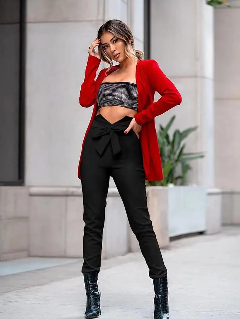Women'S Casual High Waist Stretch Trousers Solid Pencil Pants with Tie